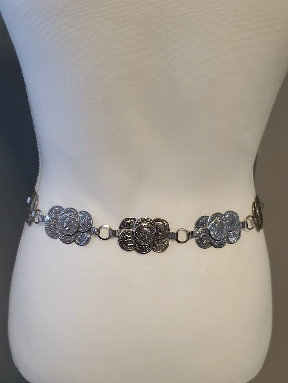 Silver-Tone Metal Coin Charm Chain Belt.